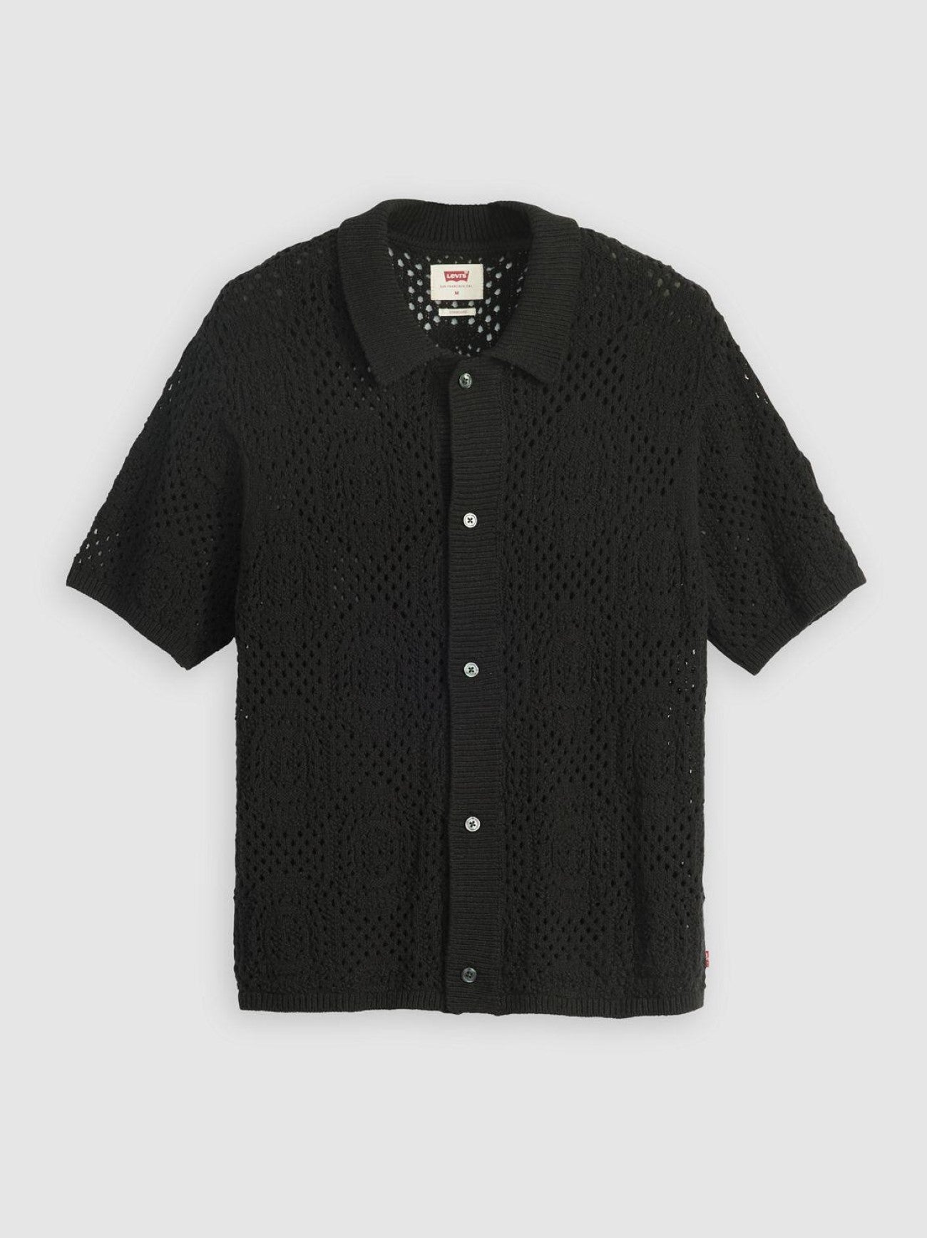 Mens Pointelle Crochet Jet Black Camp Shirt Sweater
