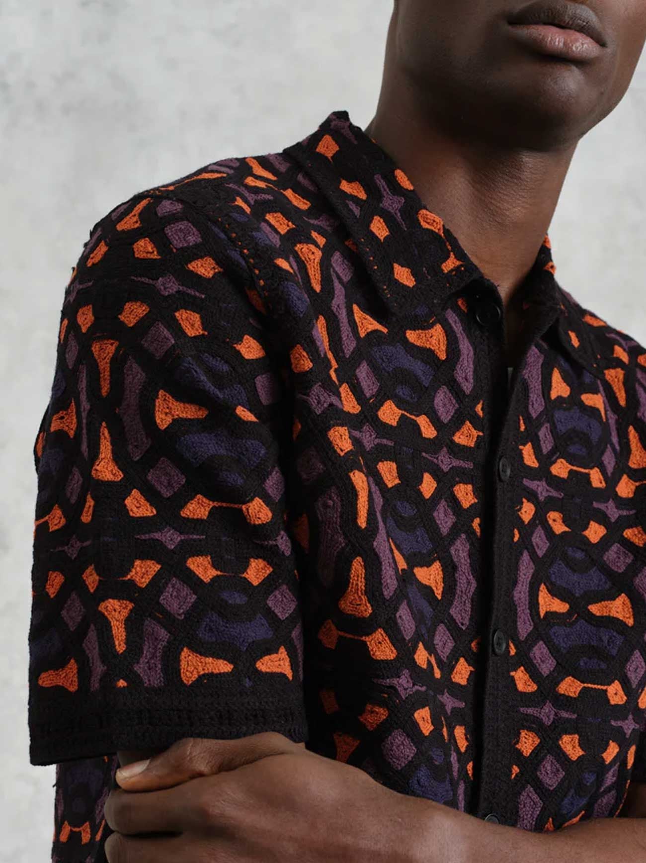 Mens Black Multi Geo Tile Crochet Dorset Shirt