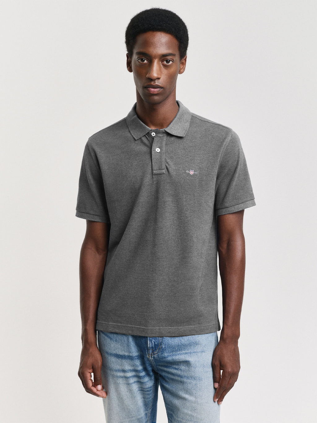 Mens Grey Melange Embroidered Archive Shield Polo Shirt