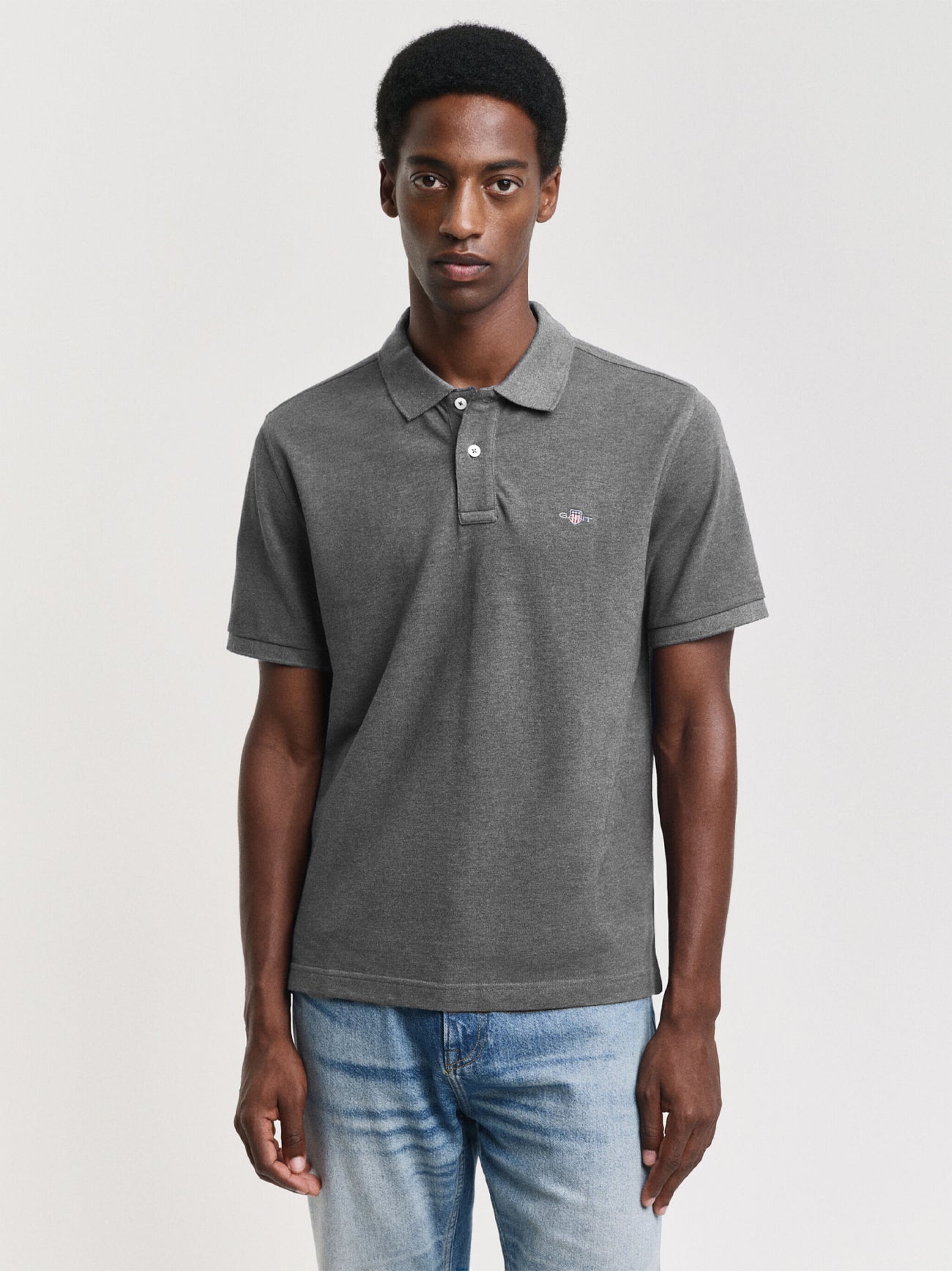 Mens Grey Melange Embroidered Archive Shield Polo Shirt