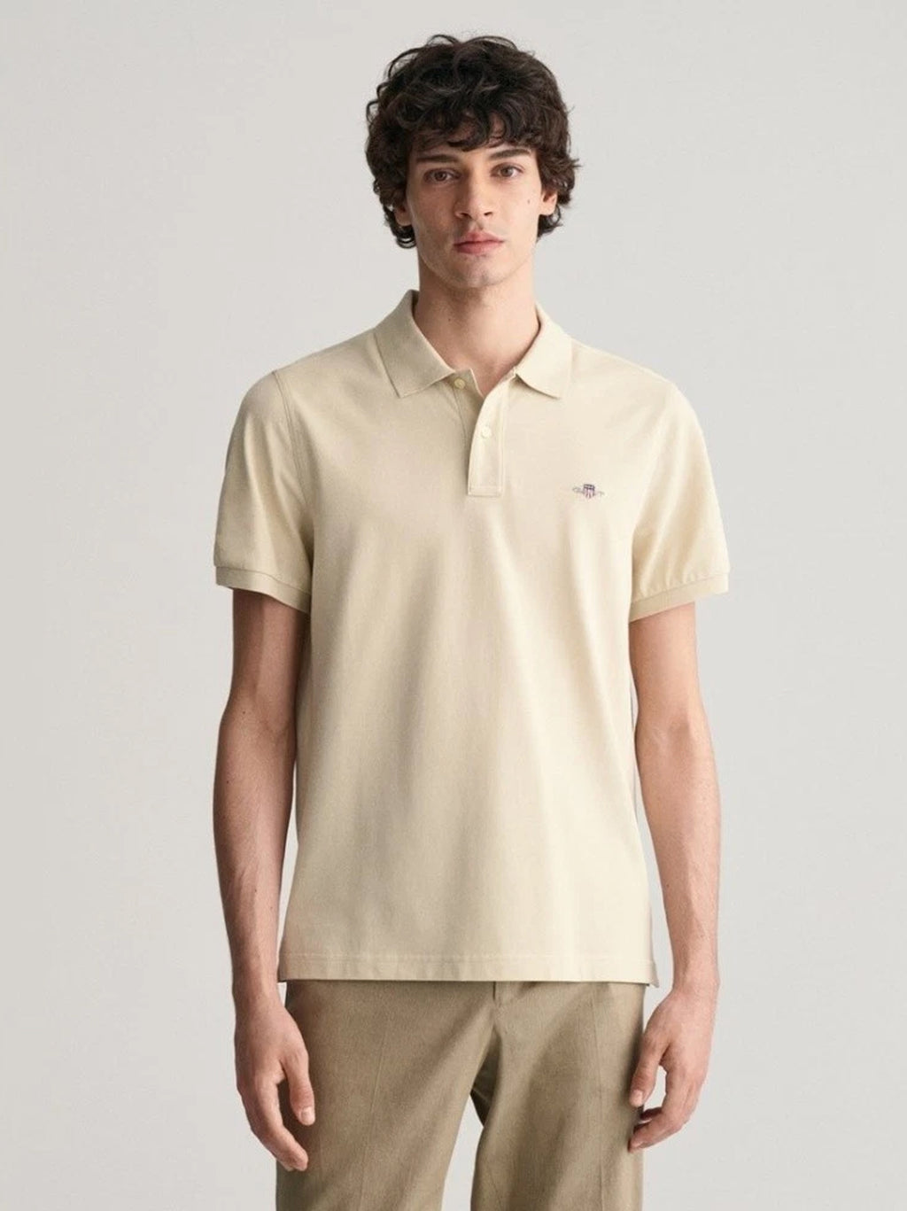 Mens Silky Beige Shield Logo Pique Polo Shirt