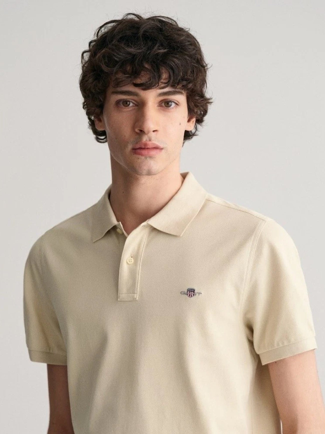 Mens Silky Beige Shield Logo Pique Polo Shirt