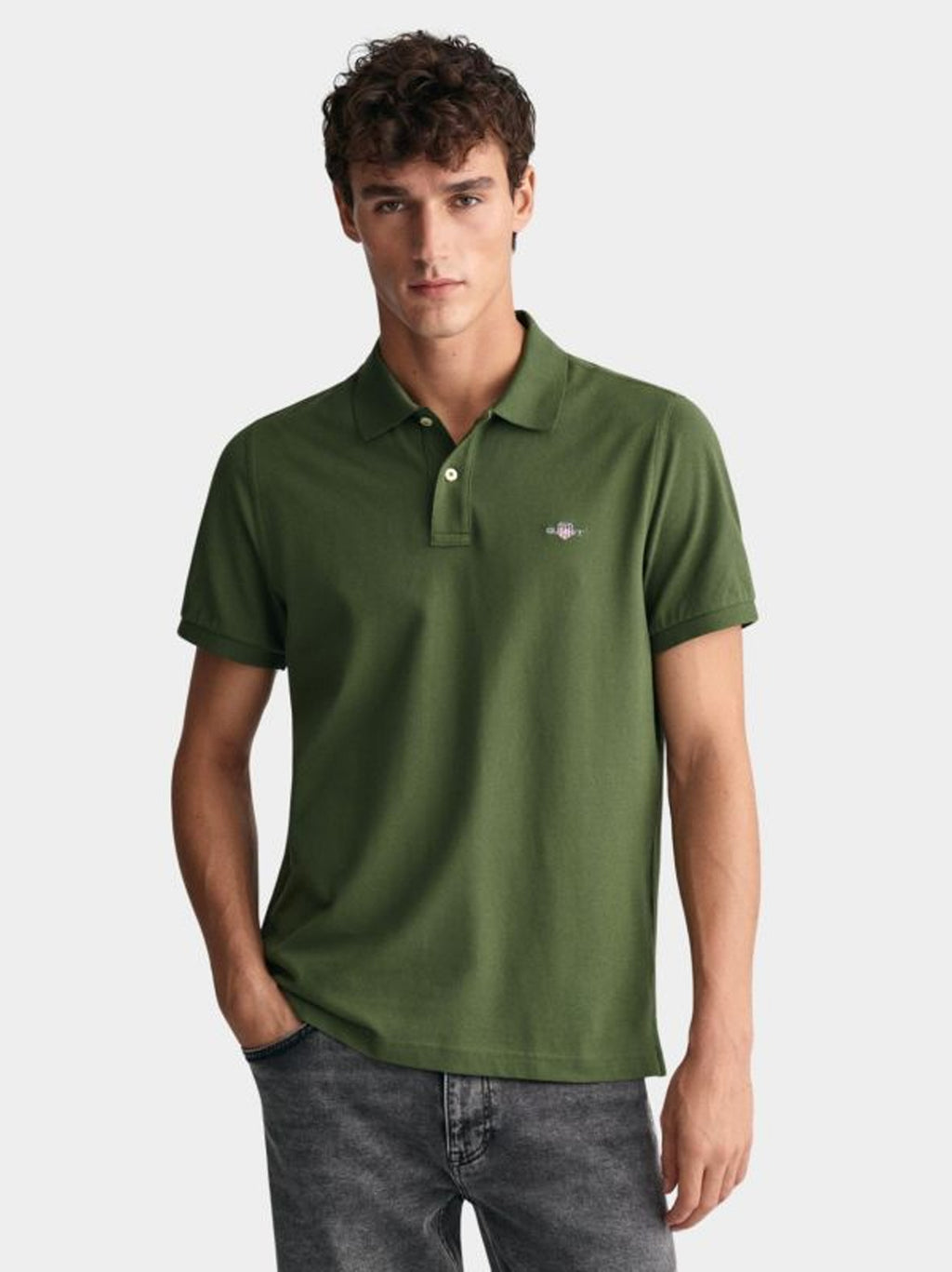 Mens Pine Green Shield Logo Pique Polo Shirt