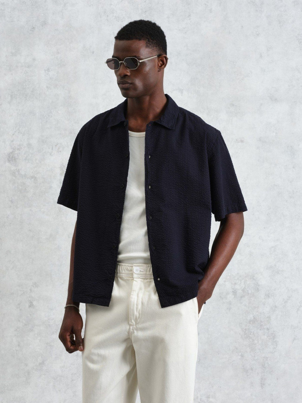 Mens Navy Keats Cotton Seersucker Shirt