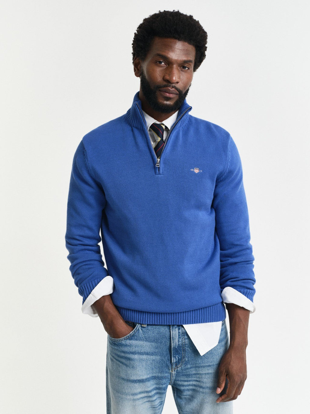 Mens Rich Blue Casual Cotton Half Zip Sweatshirt