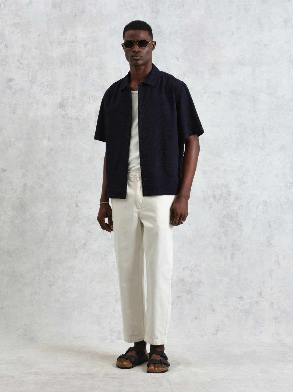 Mens Navy Keats Cotton Seersucker Shirt