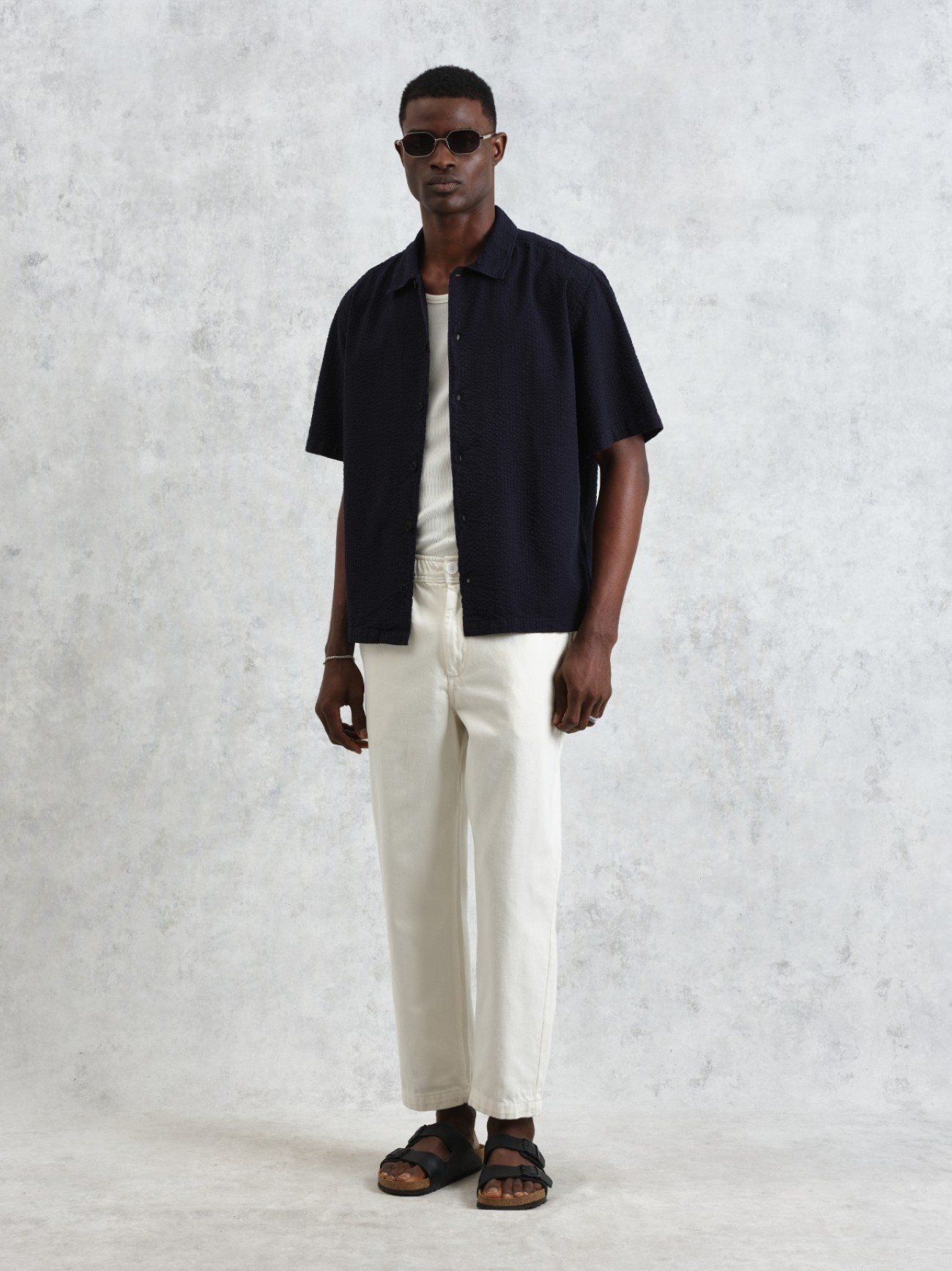 Mens Navy Keats Cotton Seersucker Shirt