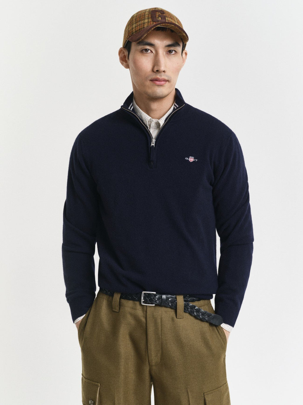 Mens Marine Superfine Lambswool Half Zip Sweater