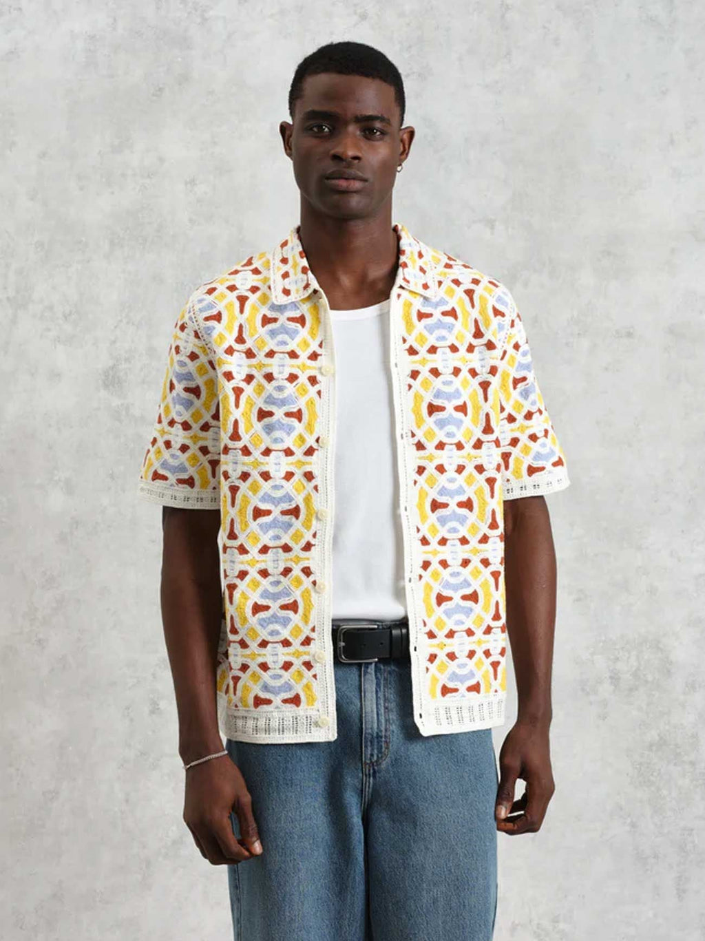 Mens Ecru Multi Geo Tile Crochet Dorset Shirt