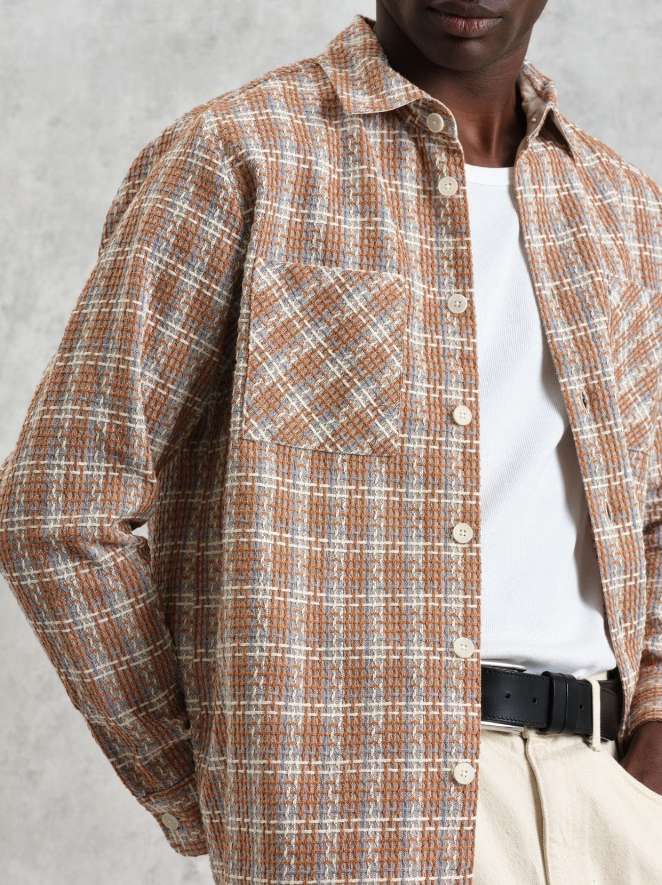 Mens Tan Multi Whiting Ladder Check Weave Overshirt