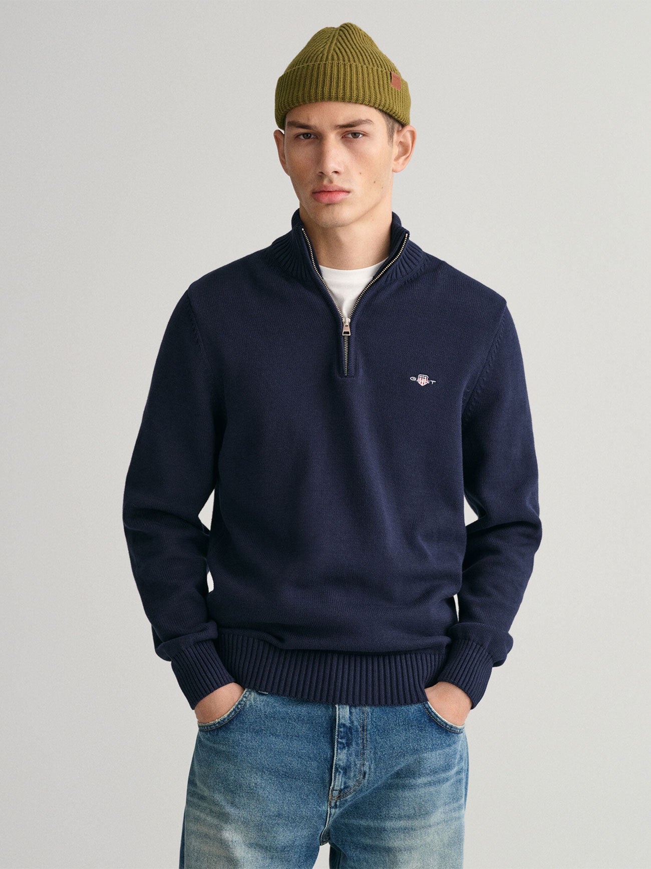 Mens Evening Blue Casual Cotton Half Zip Sweatshirt