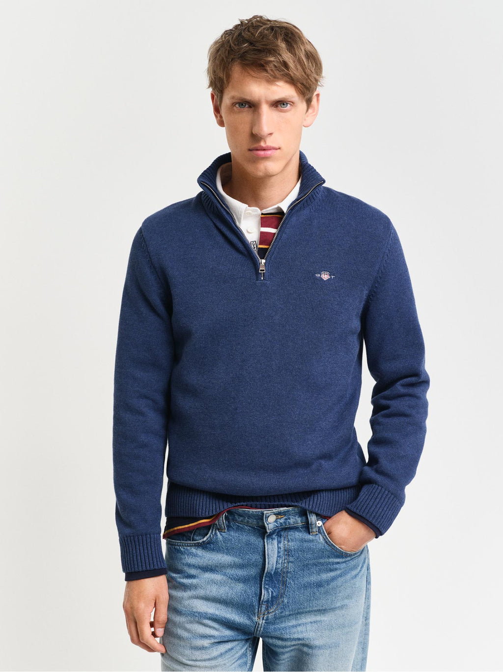 Mens Dark Jeans Blue Melange Casual Cotton Half Zip Sweatshirt