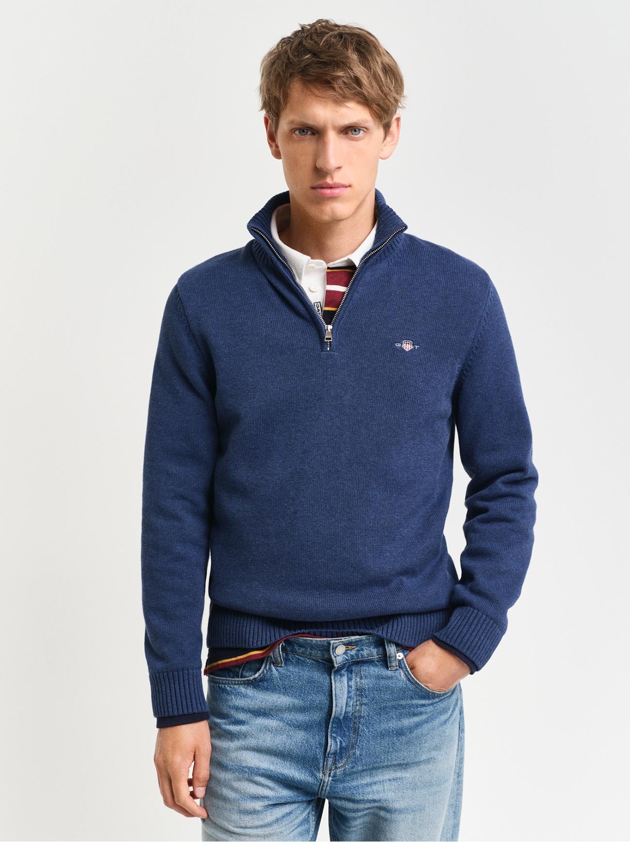 Mens Dark Jeans Blue Melange Casual Cotton Half Zip Sweatshirt