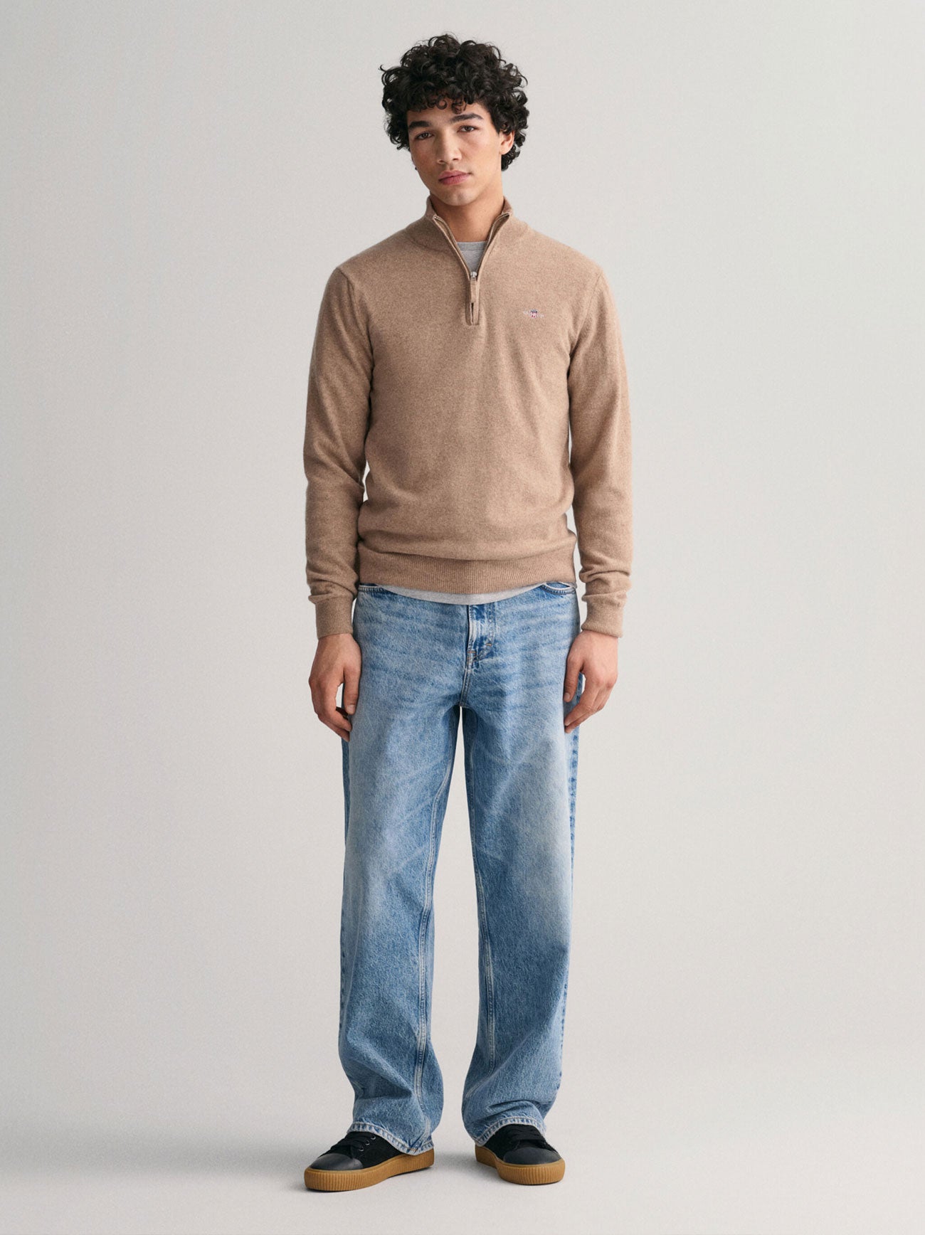 Mens Dark Sand Melange Superfine Lambswool Half Zip Sweater