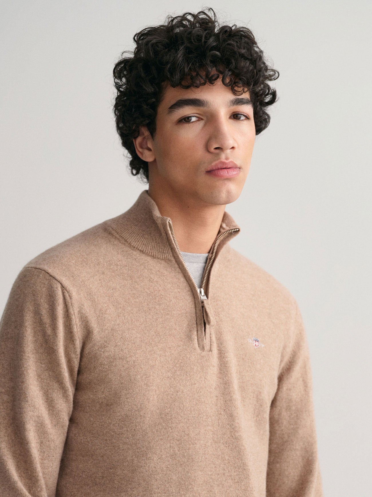 Mens Dark Sand Melange Superfine Lambswool Half Zip Sweater