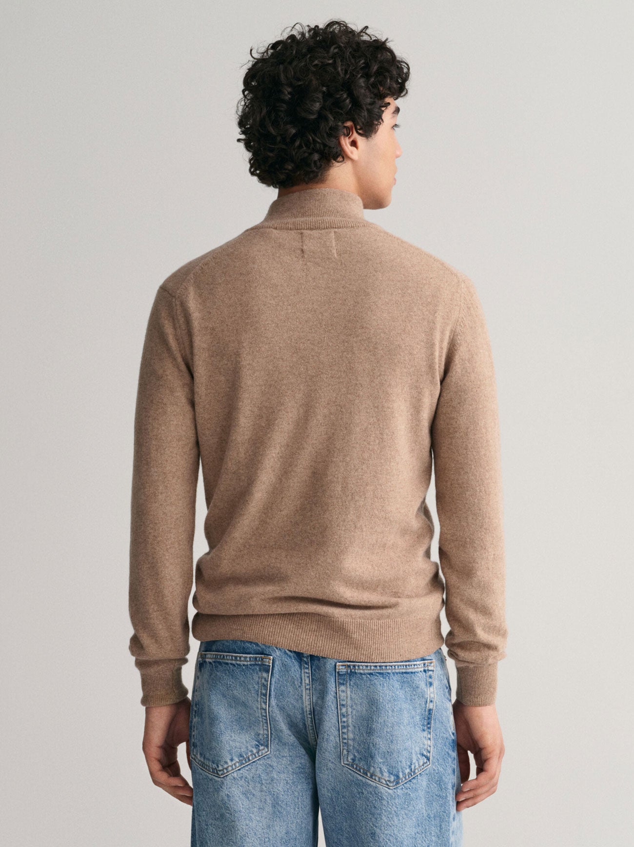 Mens Dark Sand Melange Superfine Lambswool Half Zip Sweater