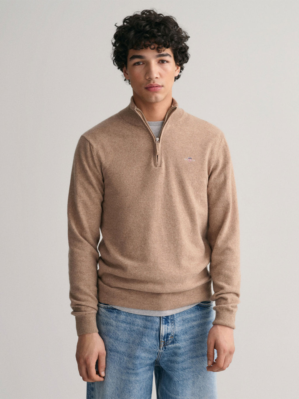 Mens Dark Sand Melange Superfine Lambswool Half Zip Sweater