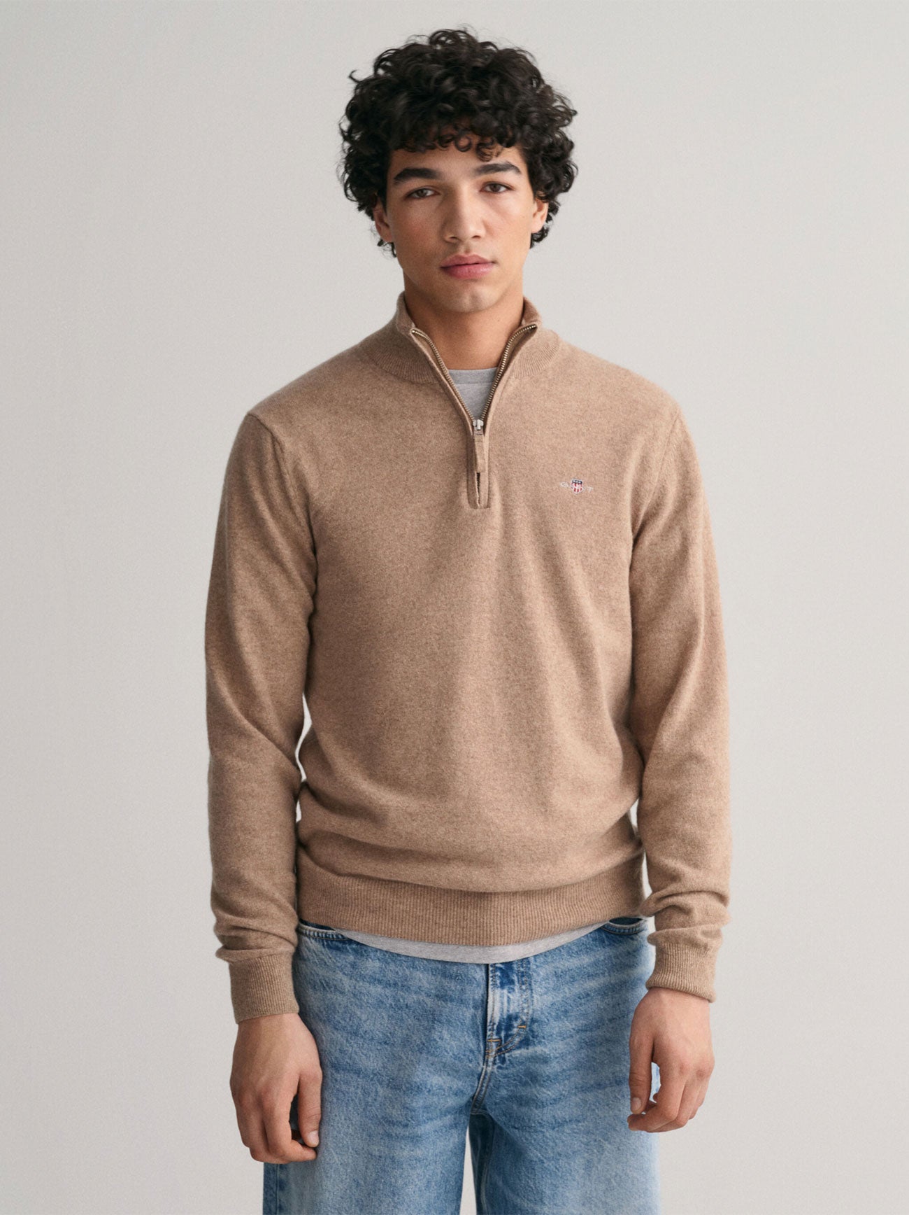 Mens Dark Sand Melange Superfine Lambswool Half Zip Sweater