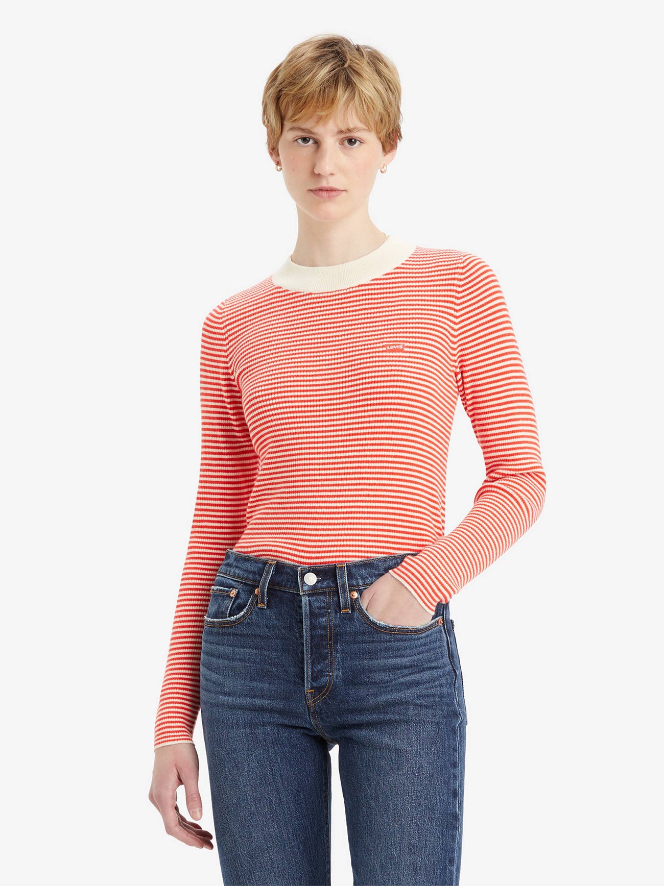 Womens Vanilla Stripe Flame Scarlet Rib Crew Sweater