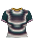 Womens Ski Collection Stripe  Deep Teal Graphic Print Ringer Rickie T-Shirt