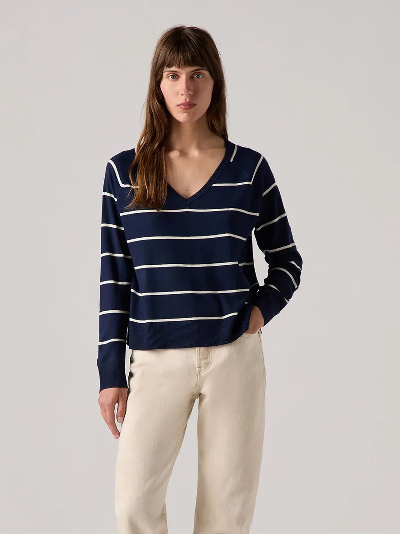 Womens Stephanie Stripe Navy Blazer Petal V-Neck Sweater