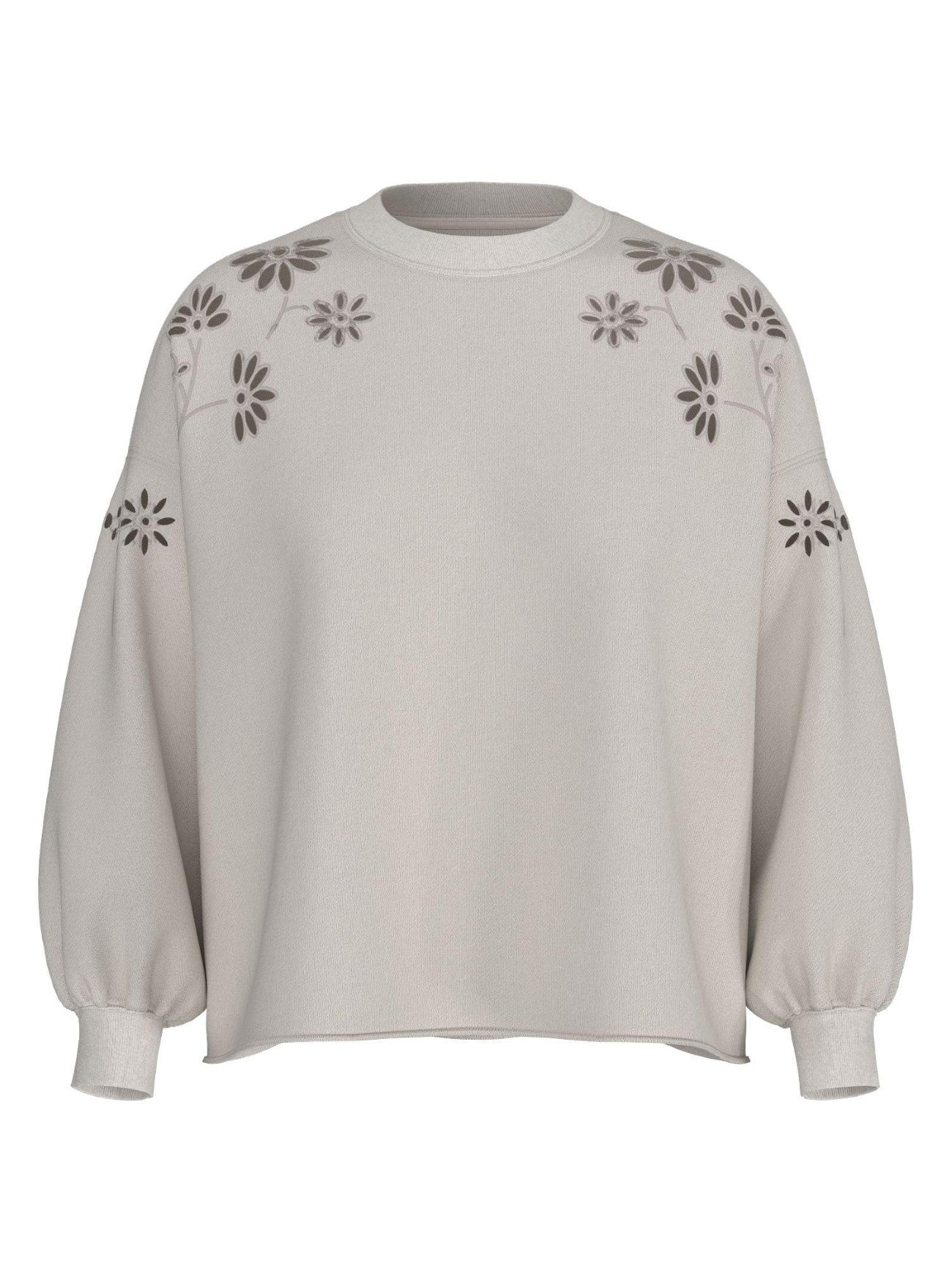 Womens H125 Wmns Placed Emb Egret Leo Raw Cut Crew Top