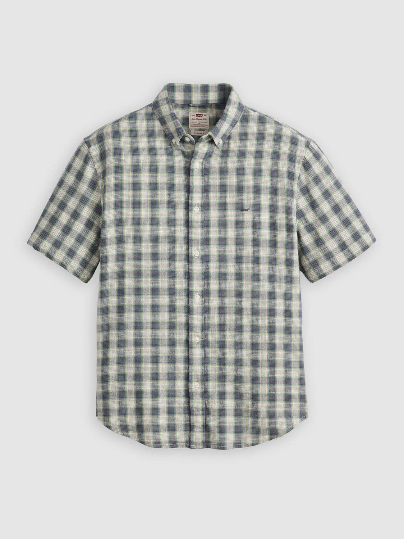 Mens Xavier Plaid Vintage Indigo X Short Sleeve Authentic Logo Button Down Shirt
