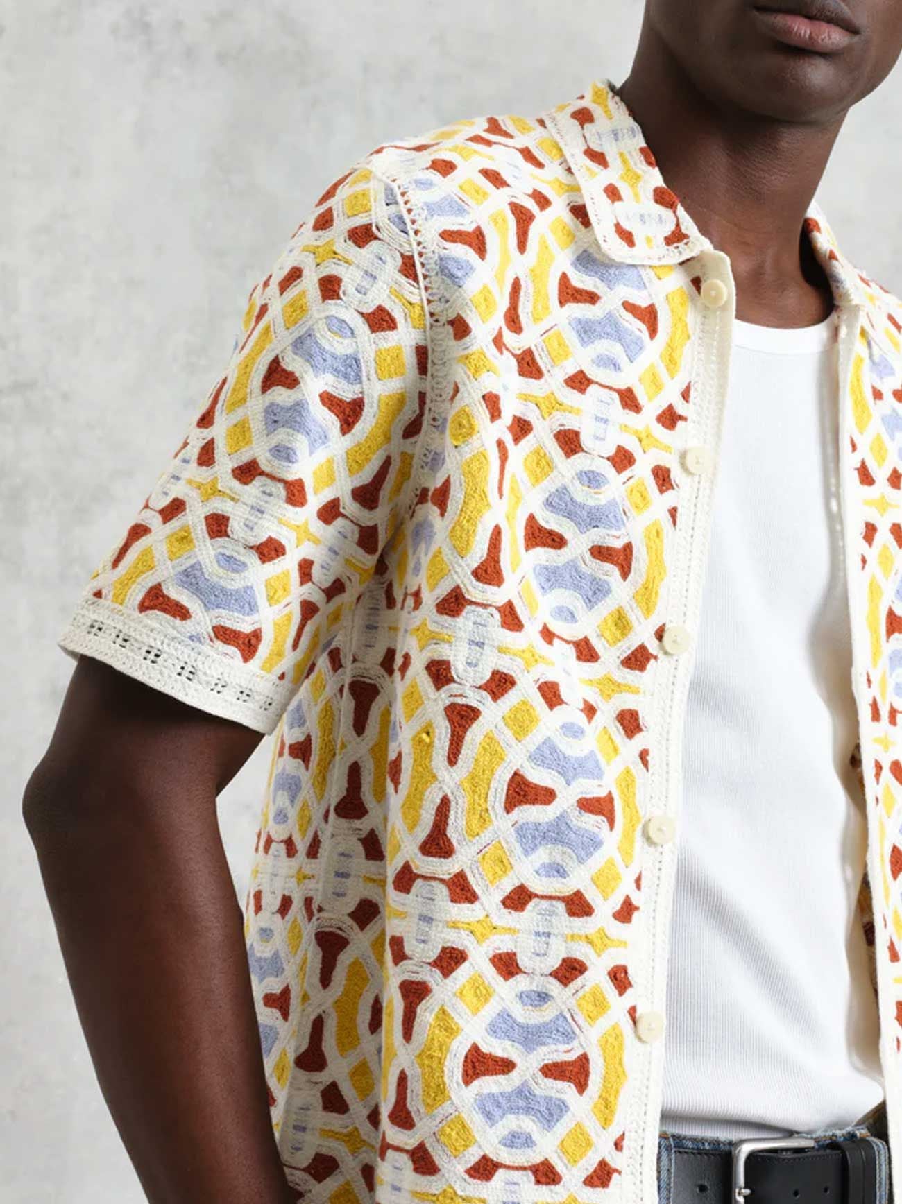 Mens Ecru Multi Geo Tile Crochet Dorset Shirt