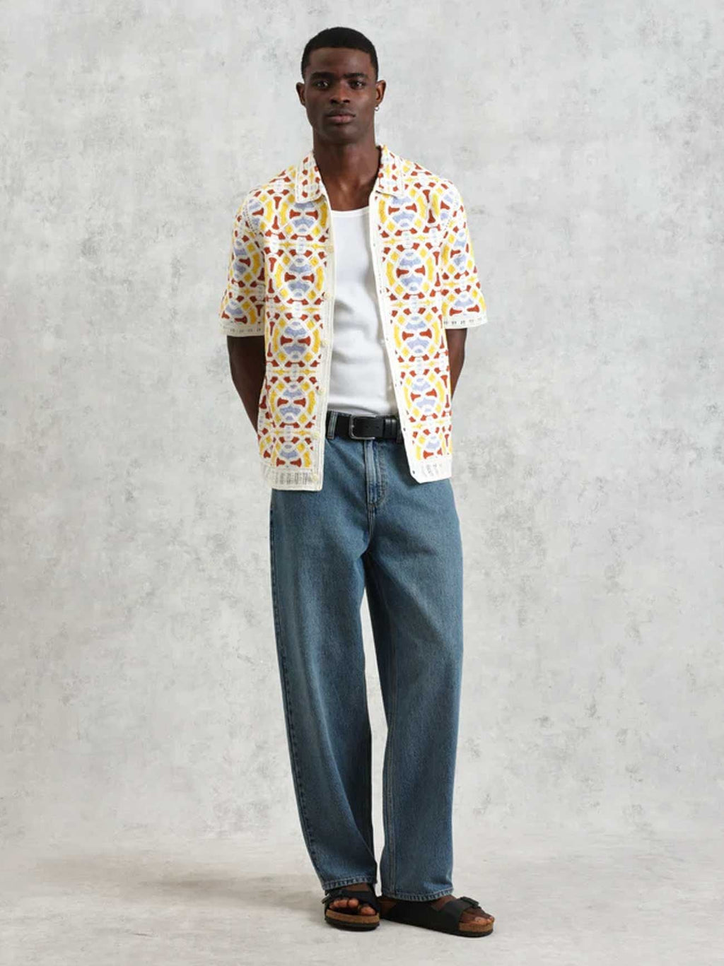 Mens Ecru Multi Geo Tile Crochet Dorset Shirt