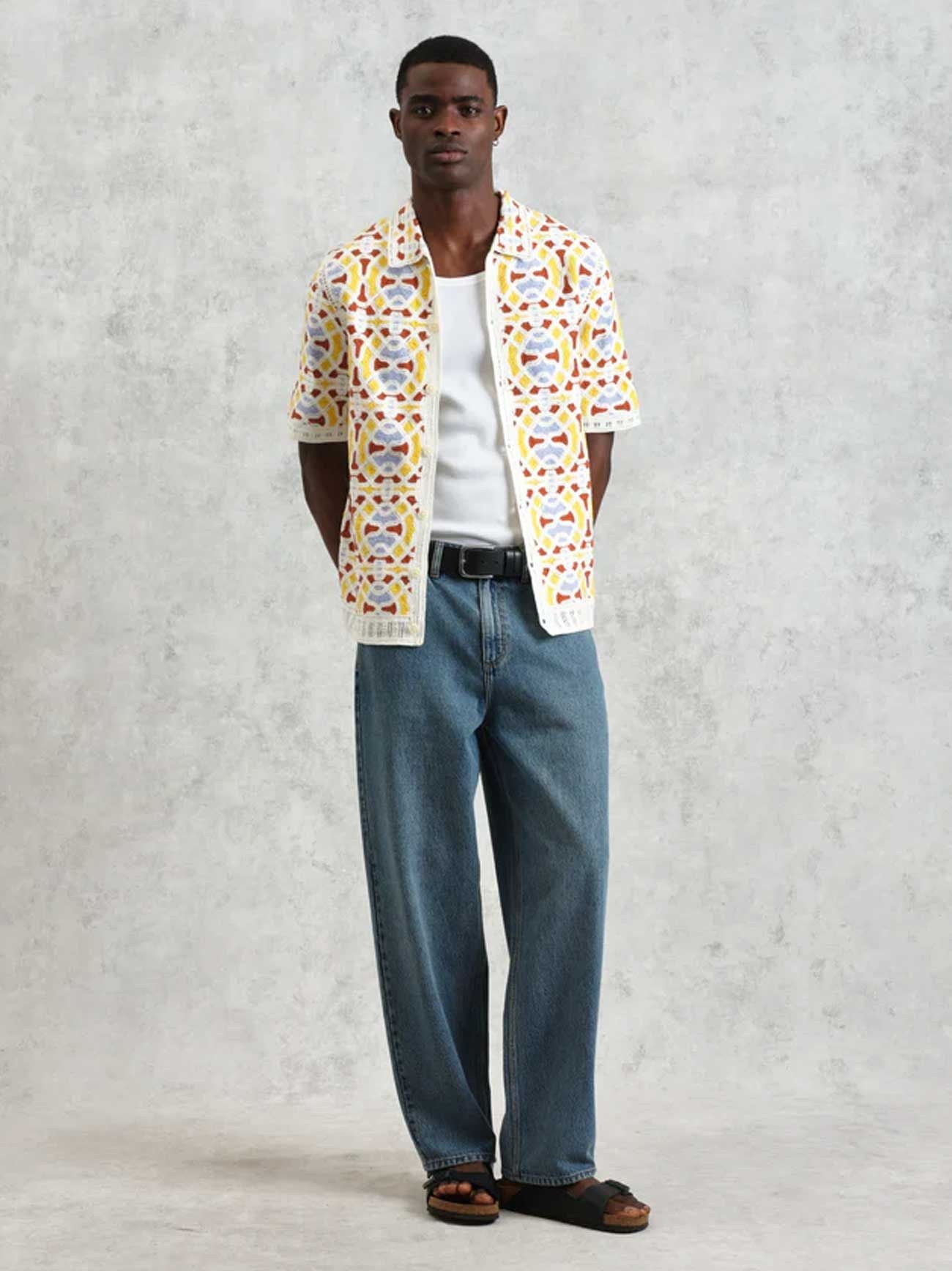 Mens Ecru Multi Geo Tile Crochet Dorset Shirt