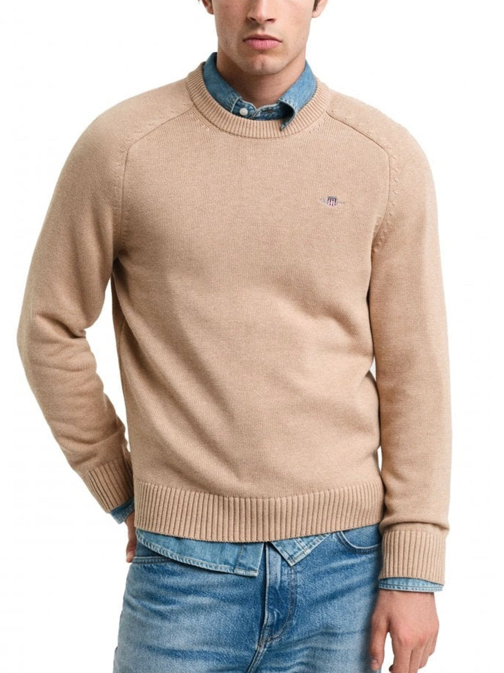 Mens Dark Sand Melange Casual Cotton Crew Neck Sweatshirt