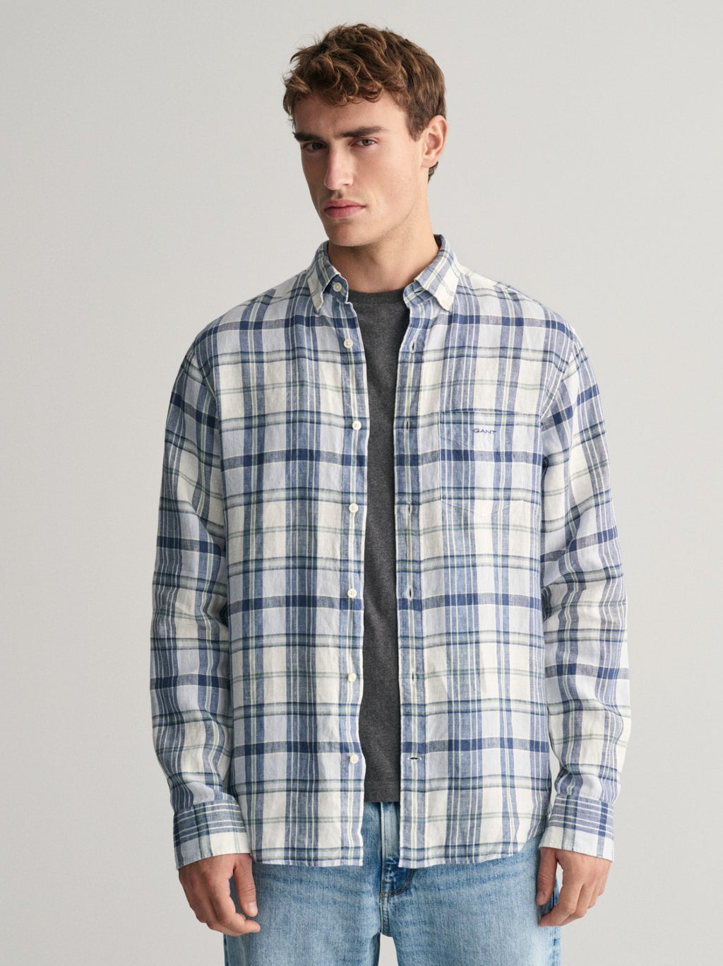 Mens Eggshell Linen Madras Shirt
