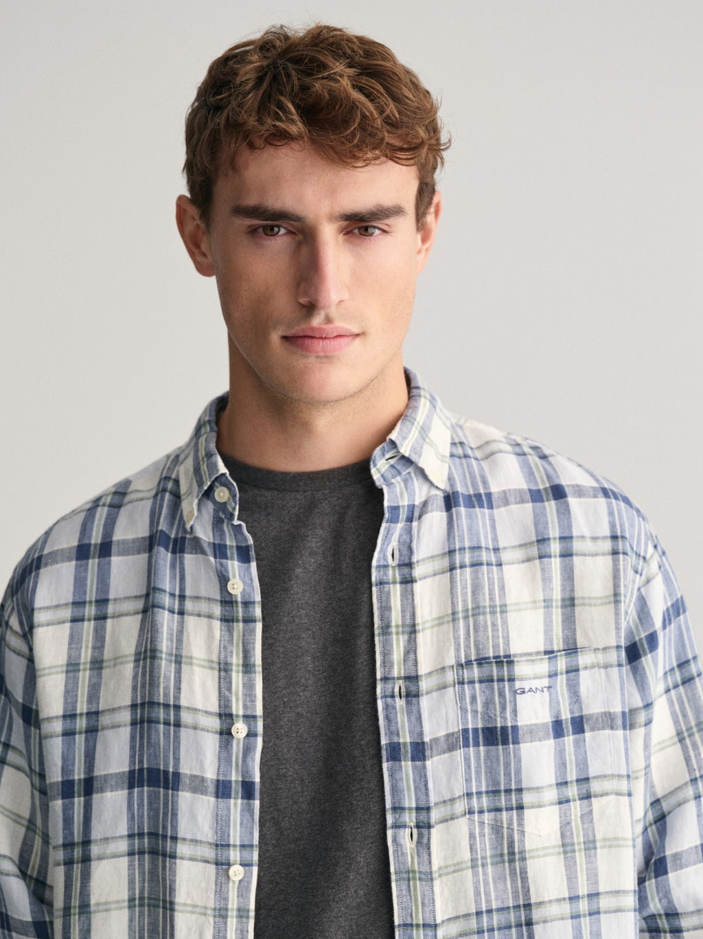 Mens Eggshell Linen Madras Shirt