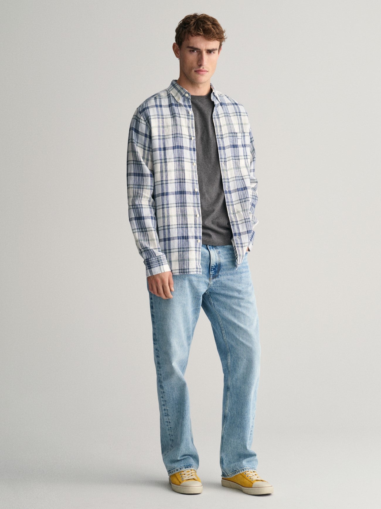 Mens Eggshell Linen Madras Shirt