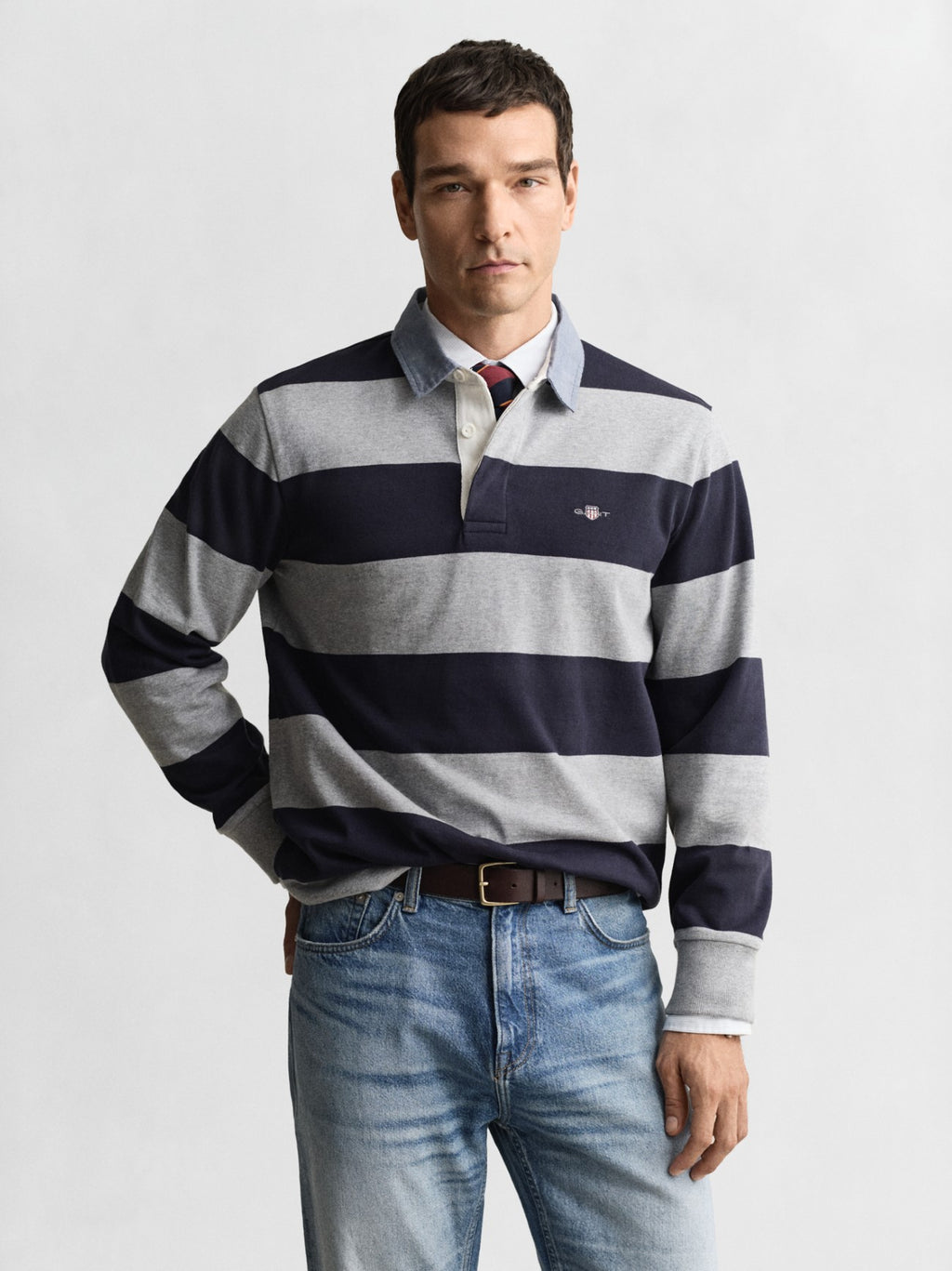 Mens Grey Melange Chambray Collar Striped Heavy Rugger
