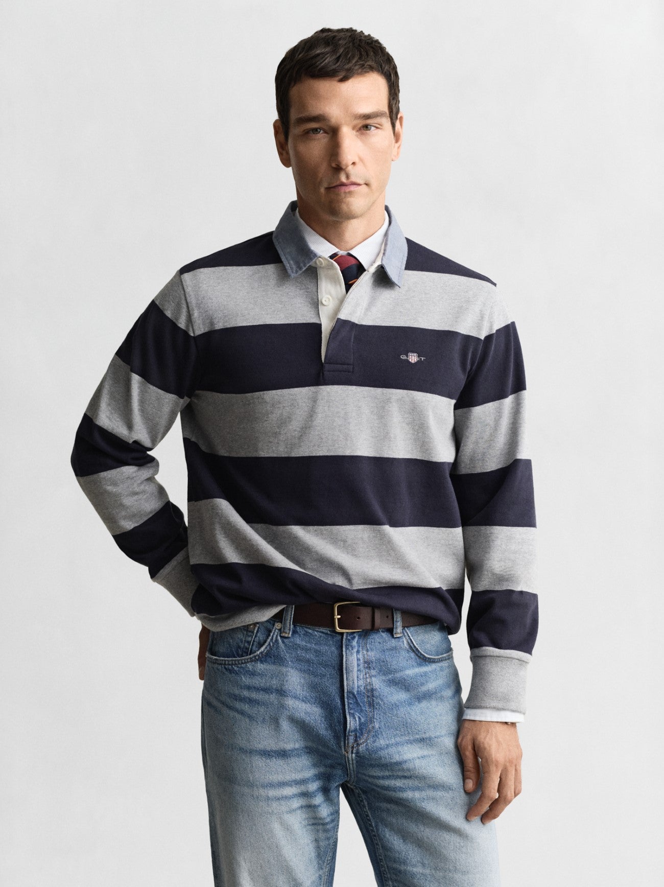 Mens Grey Melange Chambray Collar Striped Heavy Rugger
