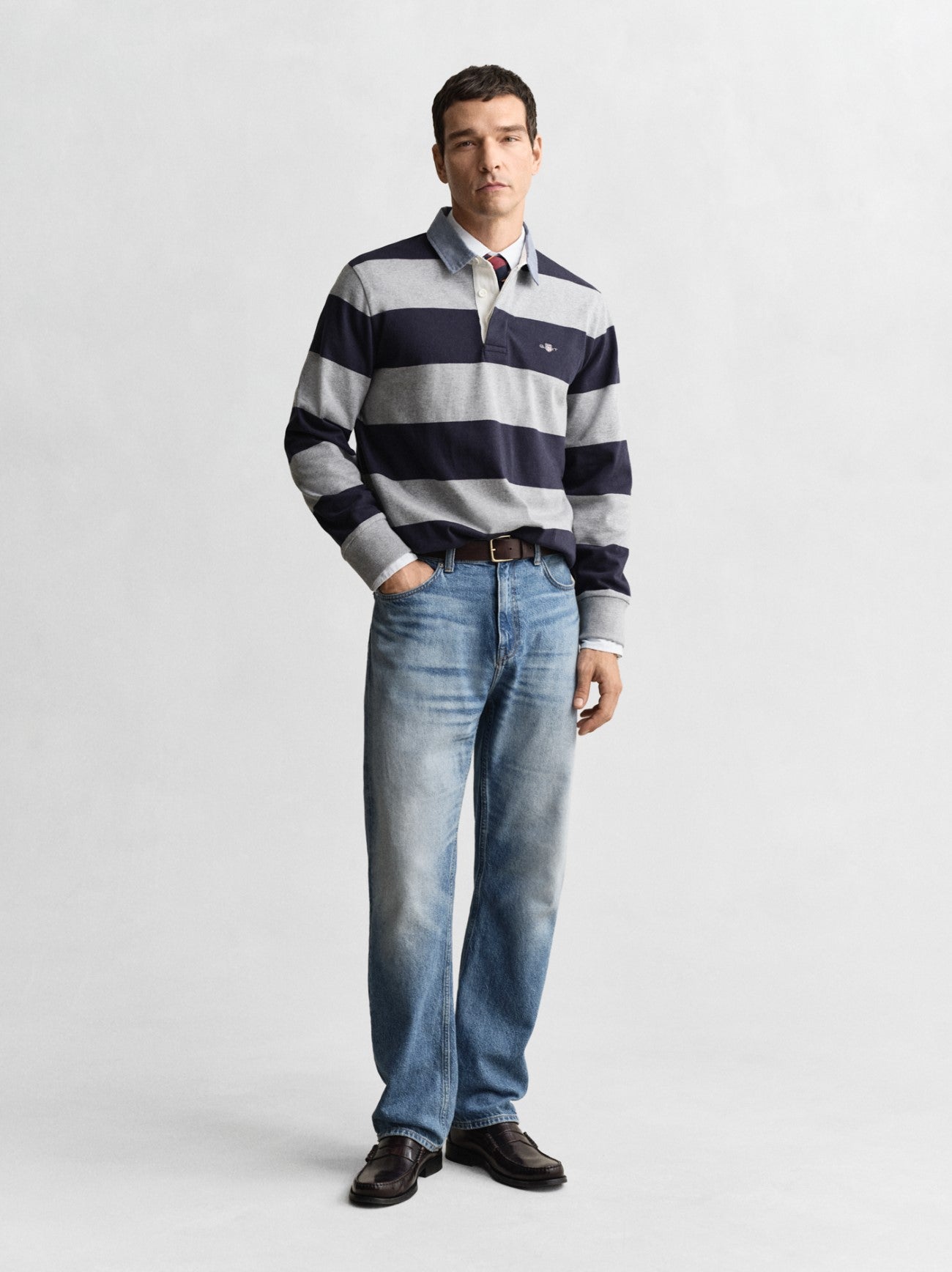 Mens Grey Melange Chambray Collar Striped Heavy Rugger