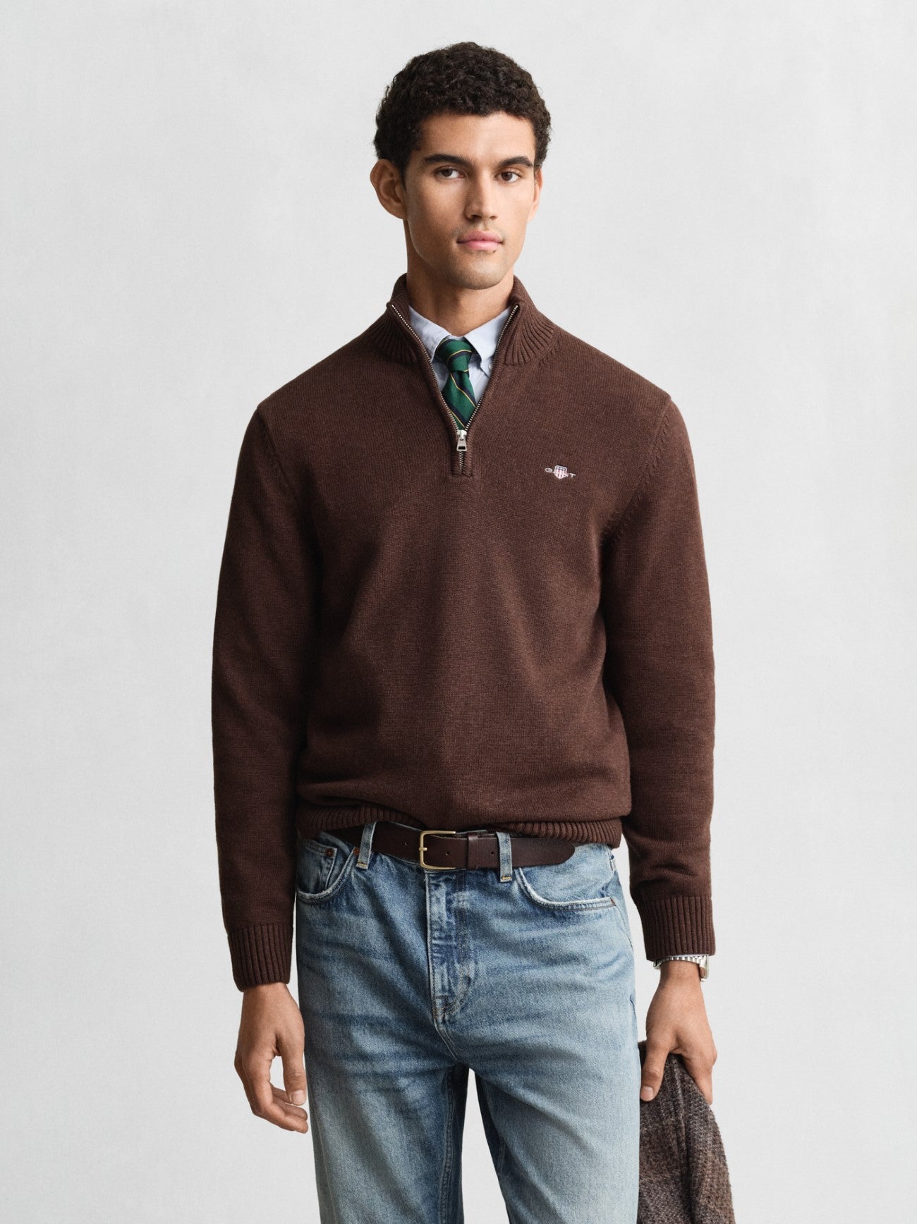 Mens Brown Melange Casual Cotton Half Zip Sweatshirt