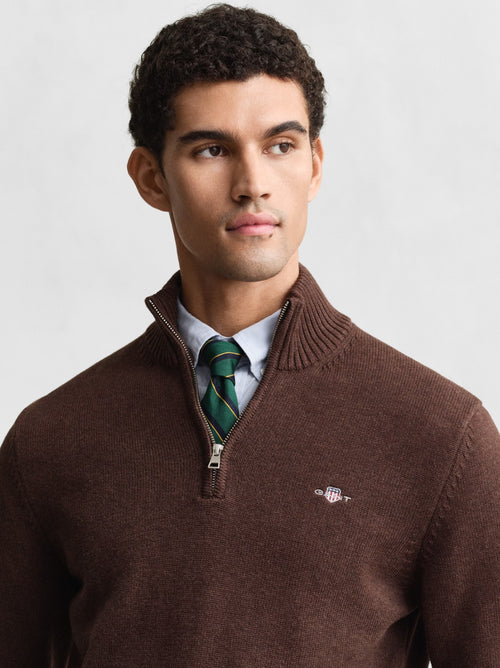 Mens Brown Melange Casual Cotton Half Zip Sweatshirt