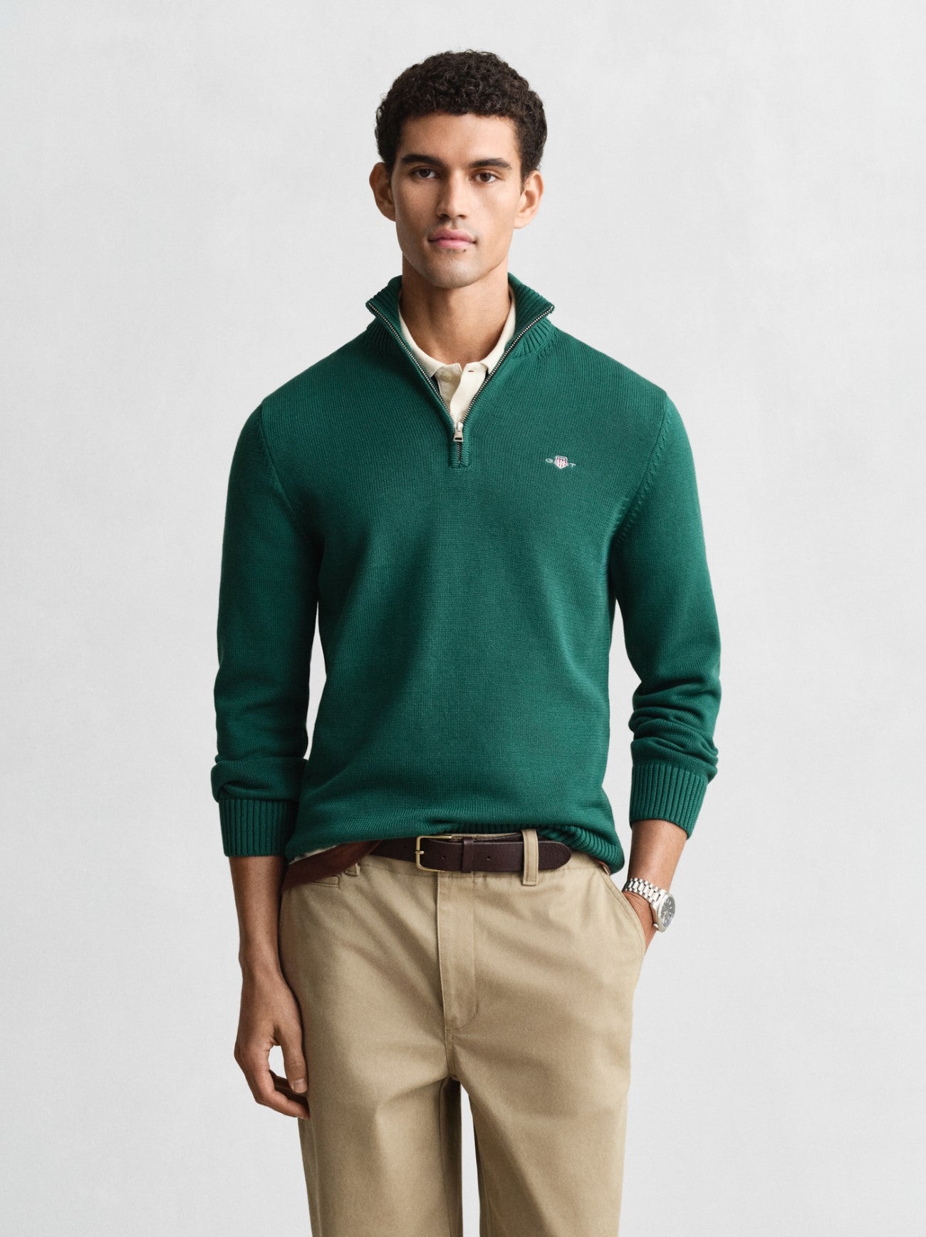 Mens Deep Forest Green Casual Cotton Half Zip Sweatshirt