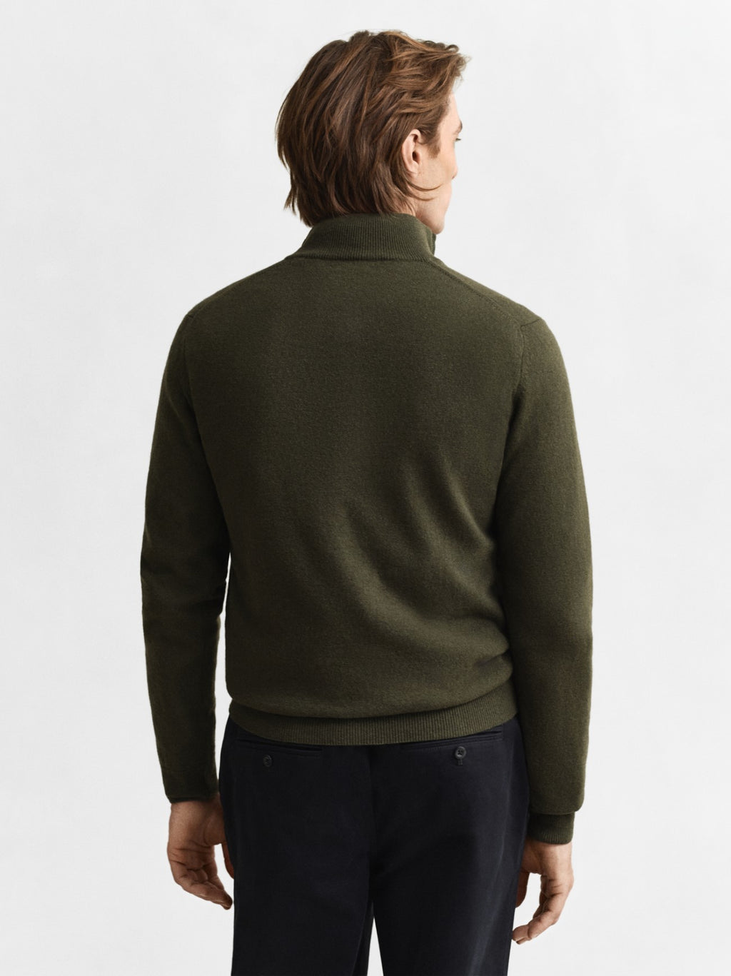 Mens Khaki Green Melange Superfine Lambswool Half Zip Sweater