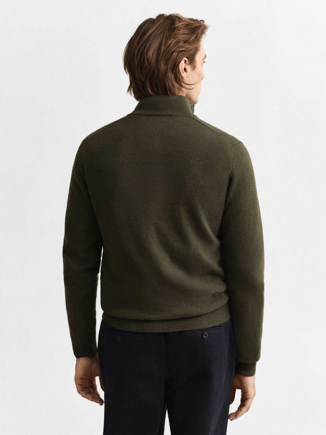 Mens Khaki Green Melange Superfine Lambswool Half Zip Sweater