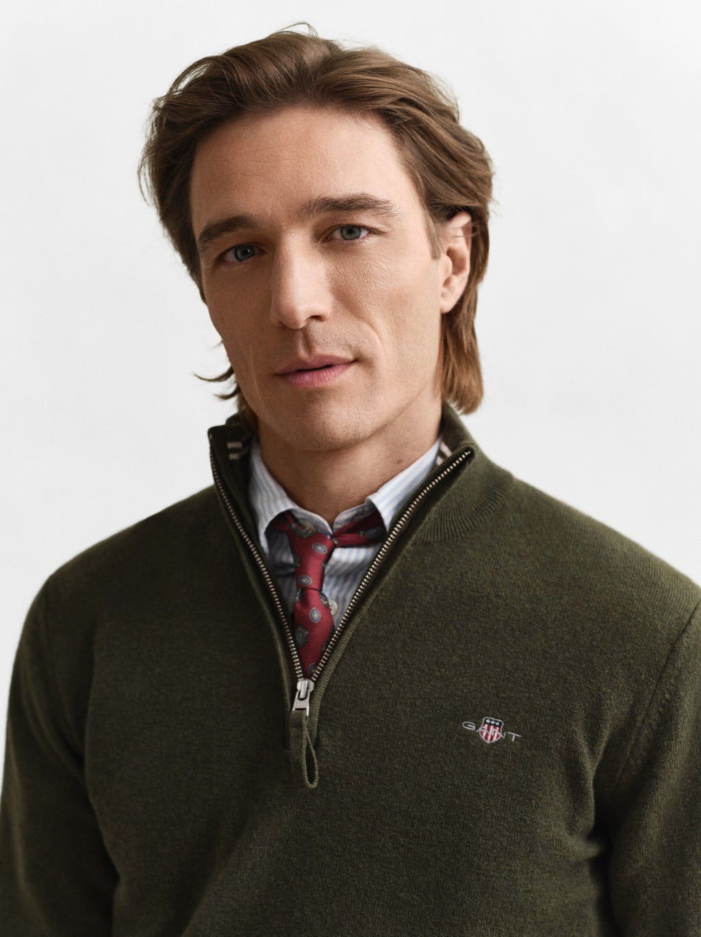 Mens Khaki Green Melange Superfine Lambswool Half Zip Sweater