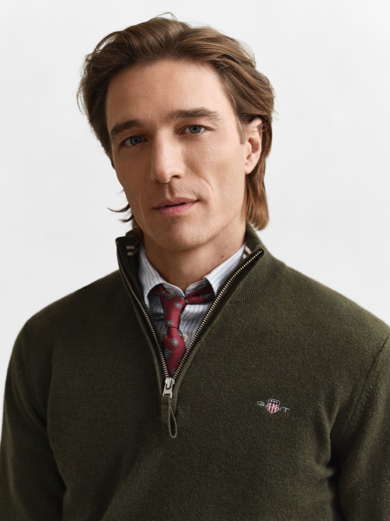 Mens Khaki Green Melange Superfine Lambswool Half Zip Sweater