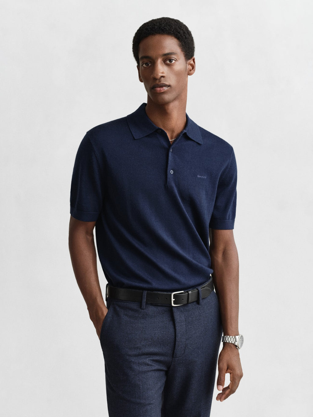 Mens Marine Extrafine Merino Wool Polo Shirt