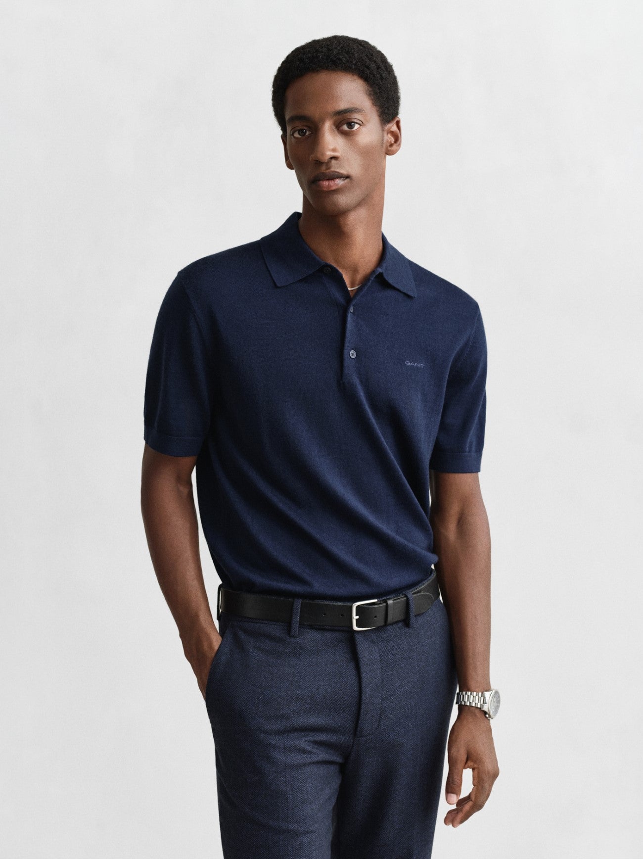 Mens Marine Extrafine Merino Wool Polo Shirt