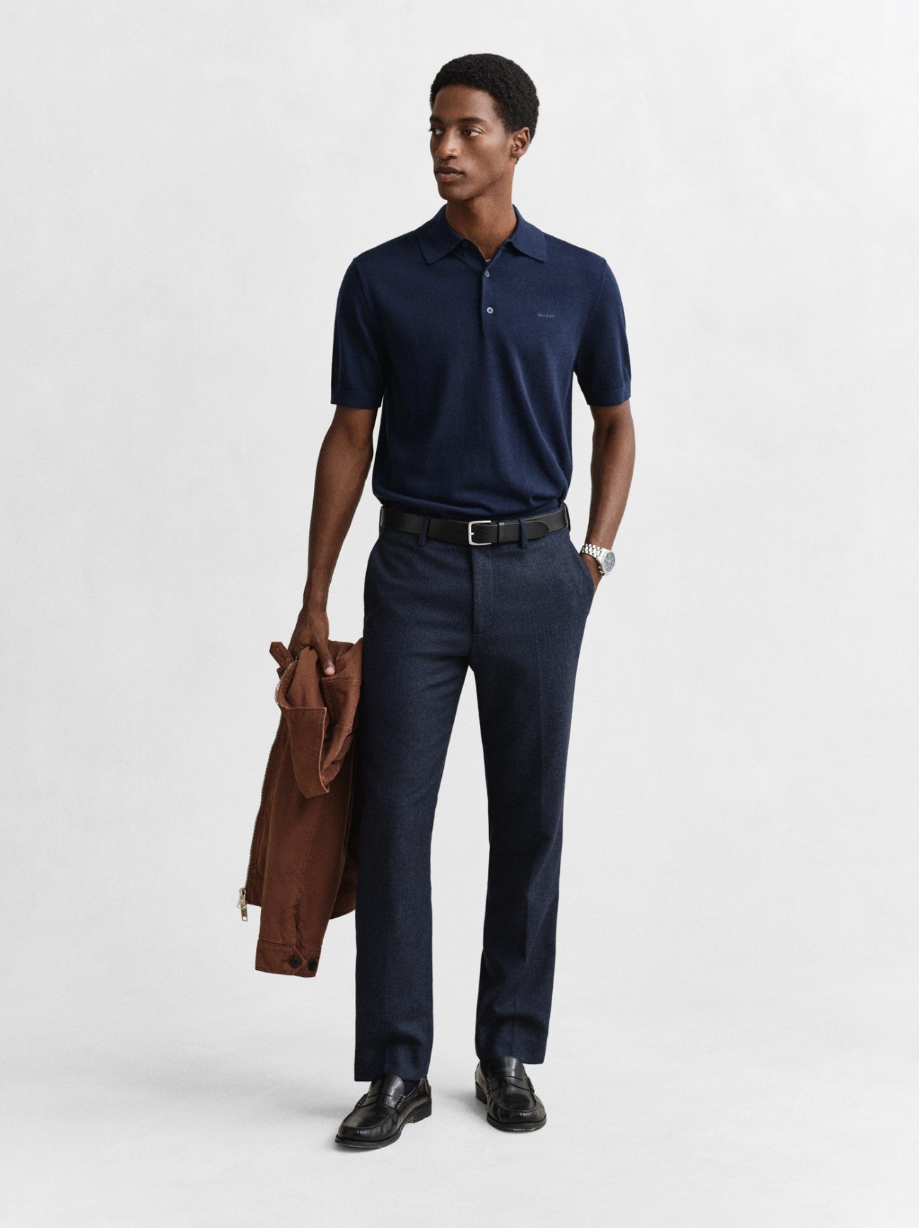 Mens Marine Extrafine Merino Wool Polo Shirt