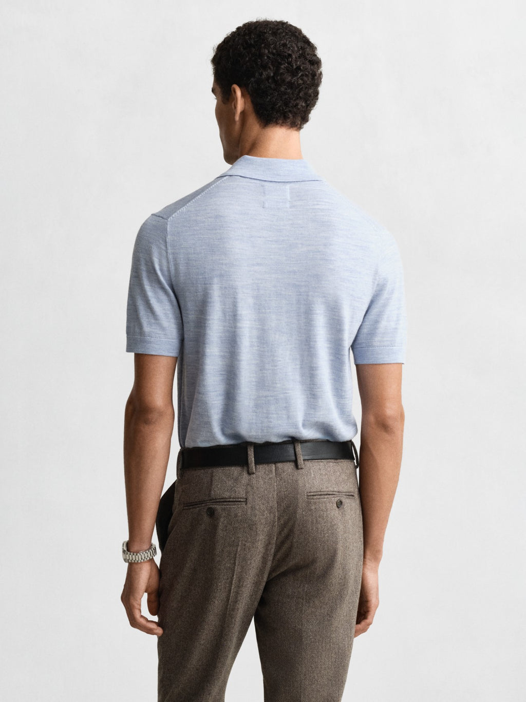 Mens Light Blue Melange Extrafine Merino Wool Polo Shirt