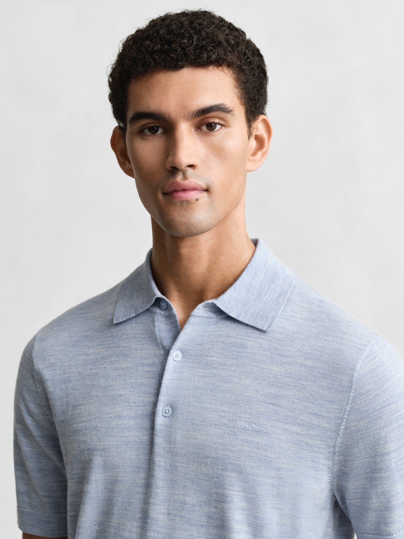 Mens Light Blue Melange Extrafine Merino Wool Polo Shirt