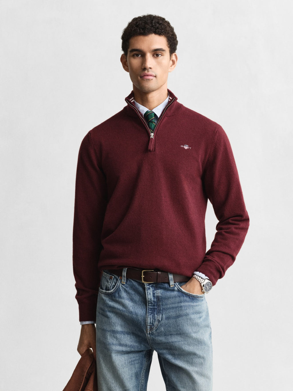 Mens Bordeaux Melange Superfine Lambswool Half Zip Sweater